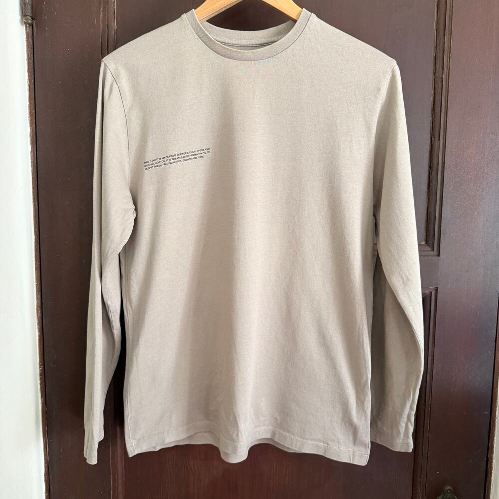 PANGAIA  | Taupe Long Sleeve Crew Neck T Shirt Cotton and Lyocell Seacell | XXS